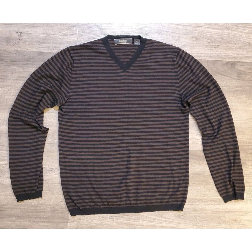 Neiman Marcus Exclusive Mens Lg V Neck Sweater Brown Black Silk Cashmere Blend
